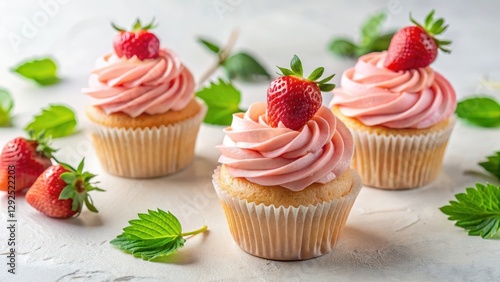 Three delightful strawberry cupcakes with pink frosting and fresh berries, arranged artfully on a light textured surface, adorned with vibrant green leaves.
