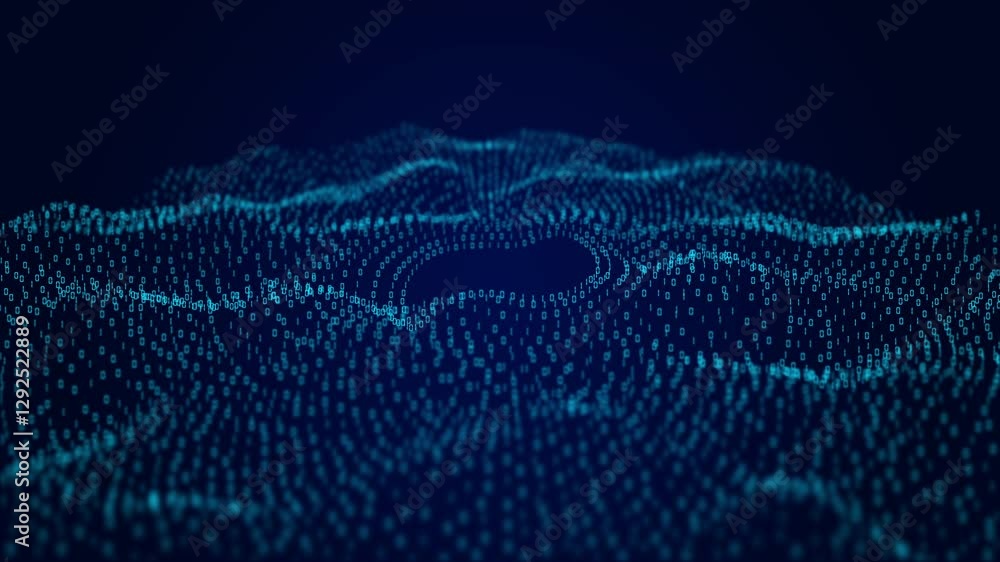 Matrix binary code flow of particles, Cyber technology, Abstract hexagon wave with moving dots
