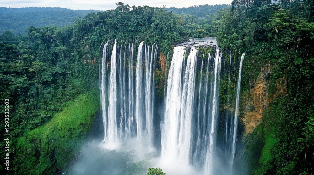 Fototapeta premium Serene Waterfall Paradise: Majestic Cascading Waters on Verdant Cliffs