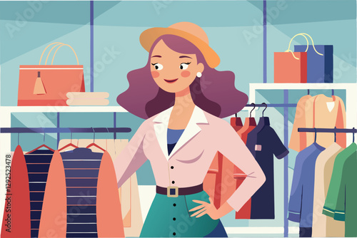 Woman shopping for clothes in a vibrant boutique with a variety of colorful garments on display, during daylight hours in a modern urban setting