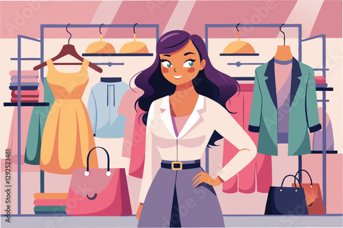 Woman shopping for clothes in a vibrant boutique with a variety of colorful garments on display, during daylight hours in a modern urban setting