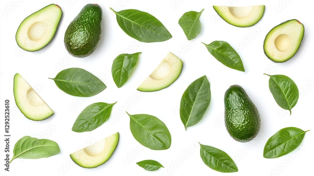Fresh avocados and leaves arranged on a white background. Fresh avocados and leaves arranged on a white background.