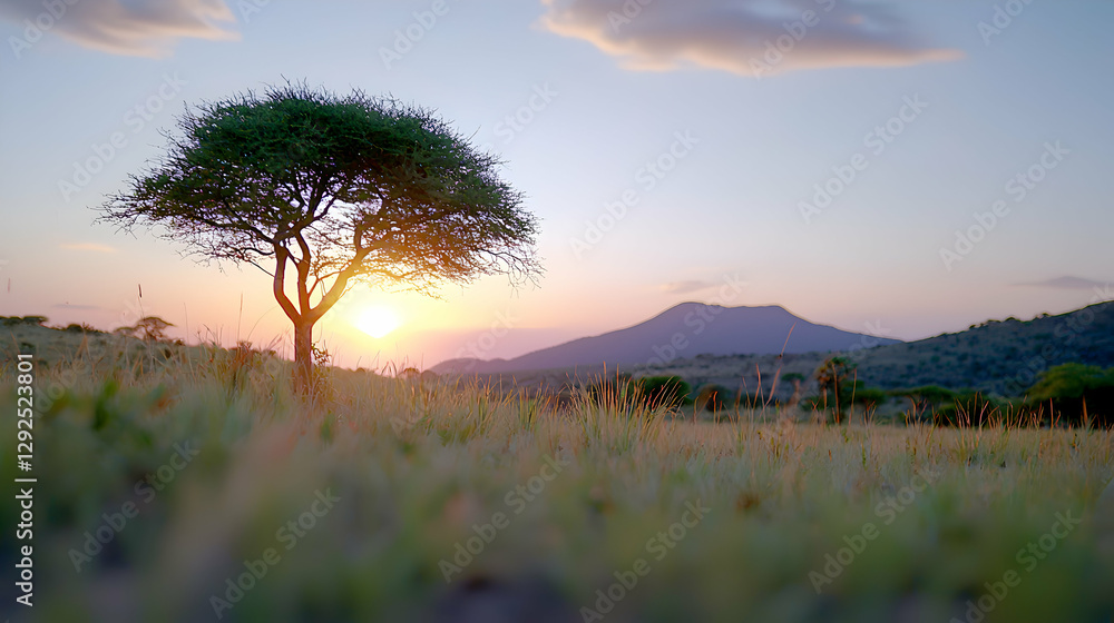 Sunrise Over African Savanna with Solitary Tree Sunrise Over African Savanna with Solitary Tree