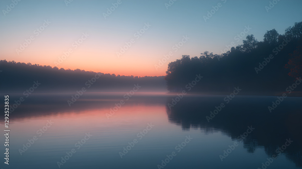 Fototapeta premium Radiant Dawn: Serene Lakeside At Sunrise Illuminates Sky With Ethereal Light Reflecting On Tranquil Waters