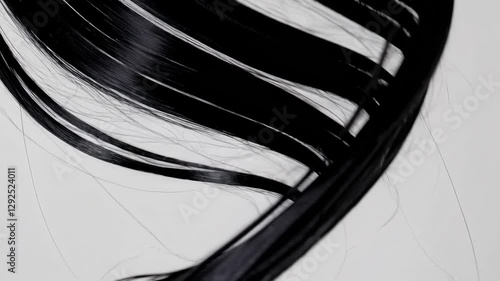 Closeup of sleek black hair strands against a white background, highlighting texture and shine. Beauty and hairstyle concept
