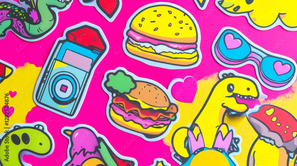 Psychedelic retro rave stickers with funny burger, dinosaur and mushrooms, retro audio tape and heart shaped glasses. Crazy dancer and cute odd creatures. Cartoon vector acid design badges set Psychedelic retro rave stickers with funny burger, dinosaur and mushrooms, retro audio tape and heart shaped glasses. Crazy dancer and cute odd creatures. Cartoon vector acid design badges set
