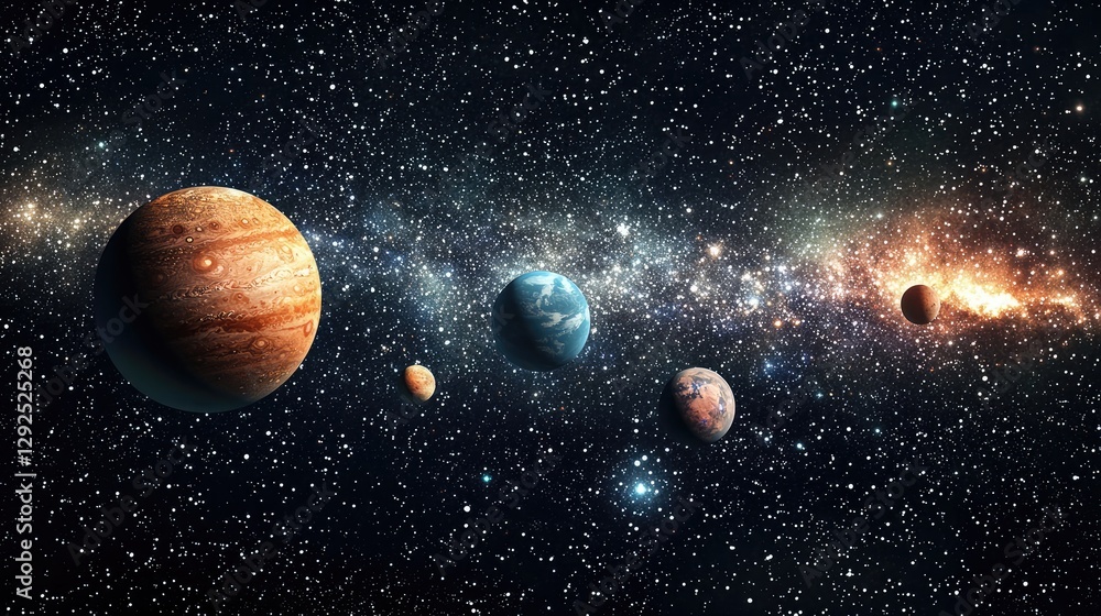 Planets align majestically across a vibrant starry cosmic background Planets align majestically across a vibrant starry cosmic background