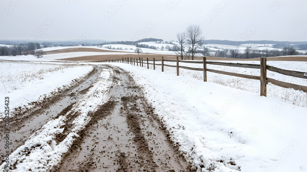 Snowy Rural Road, Winter Landscape, Farmland Background Snowy Rural Road, Winter Landscape, Farmland Background