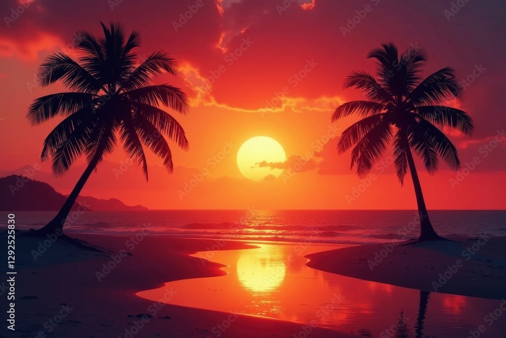 Silhouette of palm trees against fiery sunset, reflecting light on wet sand , beautiful, red Silhouette of palm trees against fiery sunset, reflecting light on wet sand , beautiful, red
