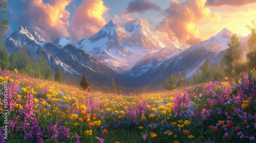 Fototapeta premium A voxel mountain range at dawn, with snow-covered peaks glowing in a golden light. 