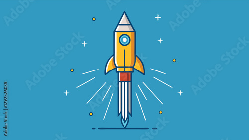 Colorful rocket launching into space with orange flames taking off from the ground, symbolizing adventure and exploration in the cosmos