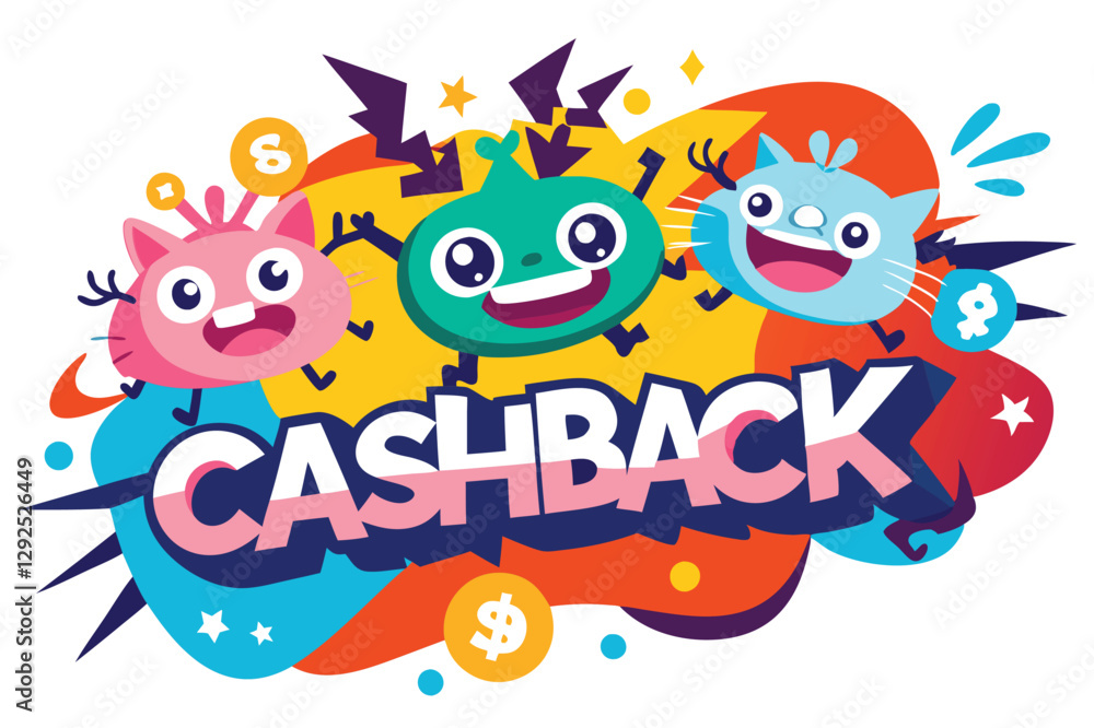 Fun and colorful cashback promotion with cheerful characters and vibrant graphics celebrating savings and rewards at a shopping event Fun and colorful cashback promotion with cheerful characters and vibrant graphics celebrating savings and rewards at a shopping event