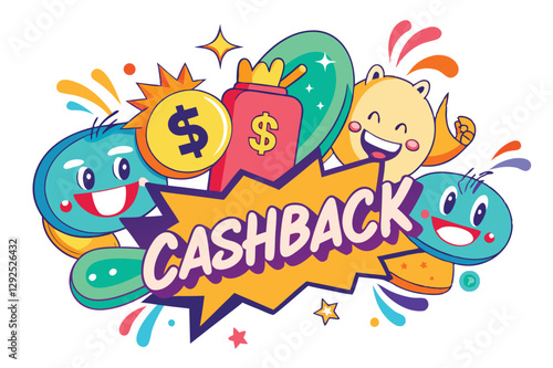 Fun and colorful cashback promotion with cheerful characters and vibrant graphics celebrating savings and rewards at a shopping event