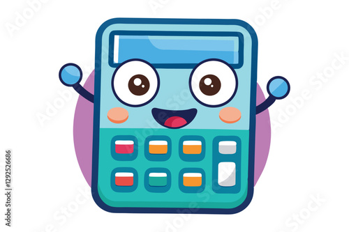 Happy cartoon calculator celebrating with open arms against a bright yellow background in a cheerful digital illustration setting