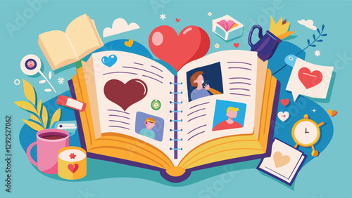 A vibrant digital artwork of an open scrapbook filled with colorful photos and a heart symbol, celebrating joyful memories and connections with friends and family