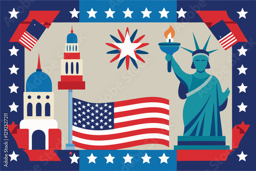 Patriotic illustration featuring the Statue of Liberty, American flag, and festive elements celebrating national pride