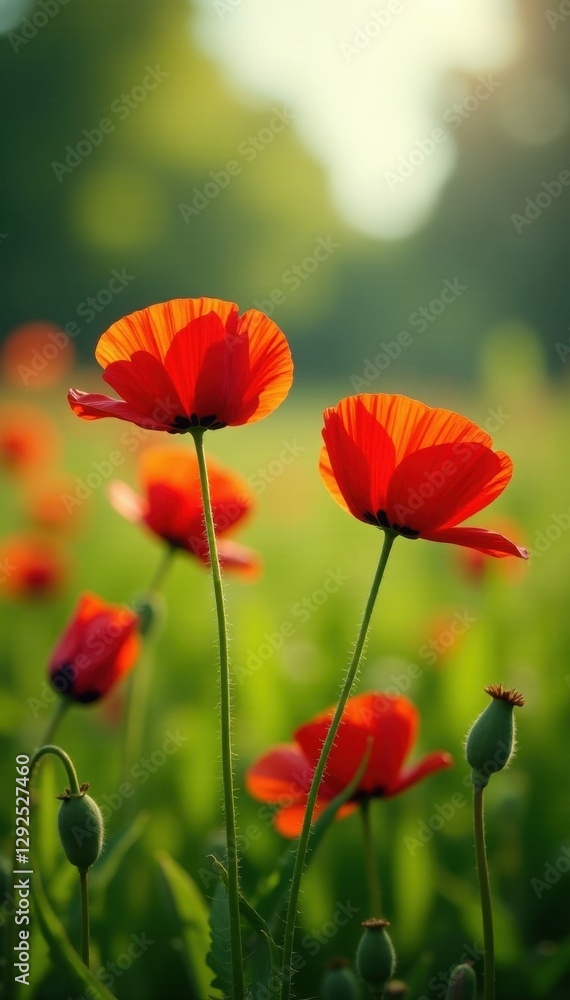 Vibrant red poppies bloom in a sun-drenched summer meadow , july, august, grass
