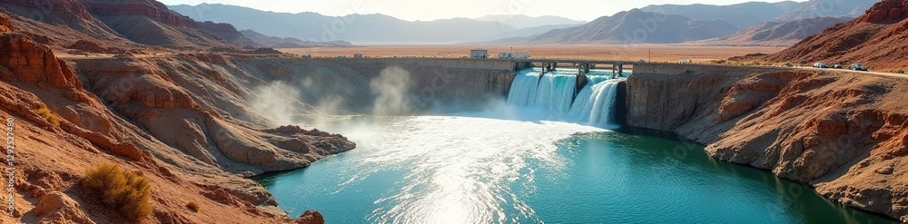 Water flows from a dam's spillway into a dry lakebed, sunlight, reservoir, reflection Water flows from a dam's spillway into a dry lakebed, sunlight, reservoir, reflection