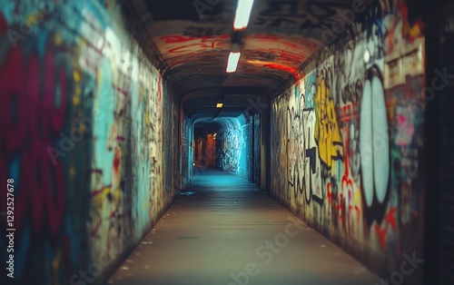 Graffiti-covered tunnel, urban, pathway, dark, vibrant, street art, alley, passage, photo