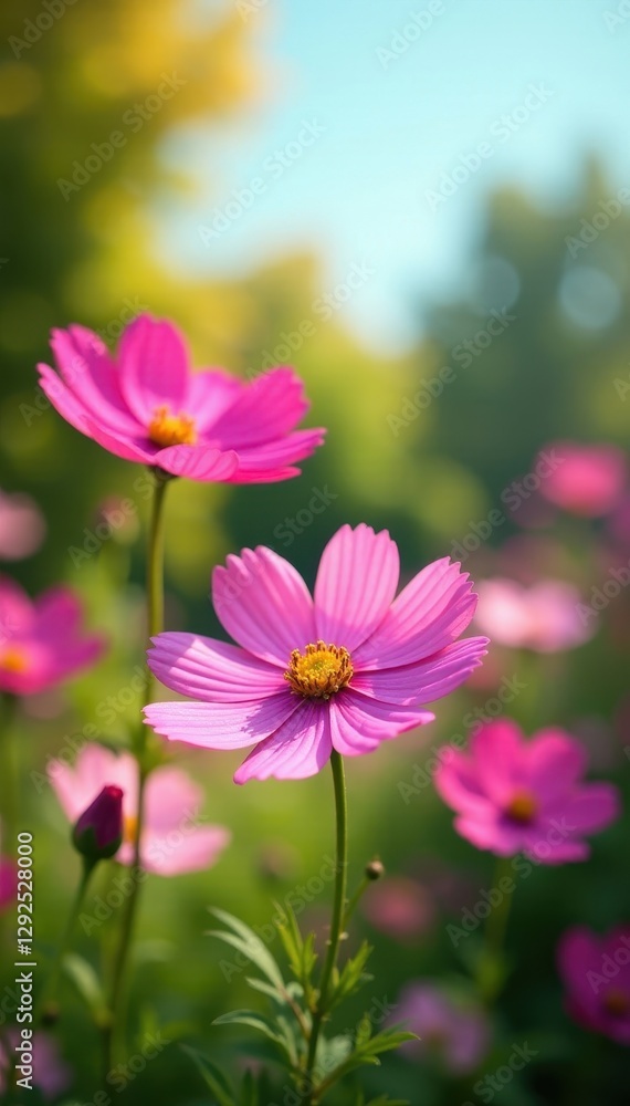 Cosmos flowers swaying gently in a sunny garden , orange, plant Cosmos flowers swaying gently in a sunny garden , orange, plant