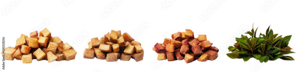 four distinct piles of cubed food items. showcasing varying colors and textures. alongside a small pile of green leaves this composition suggests a focus on ingredients. possibly for culinary purposes four distinct piles of cubed food items. showcasing varying colors and textures. alongside a small pile of green leaves this composition suggests a focus on ingredients. possibly for culinary purposes