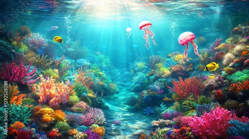 Fototapeta Naklejka Na Ścianę i Meble -  Vibrant coral reef scene with jellyfish, fish, sunlight