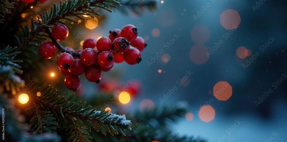 Sparkling glowing berries adorn the Christmas tree, magical nights, sparkling decorations Sparkling glowing berries adorn the Christmas tree, magical nights, sparkling decorations