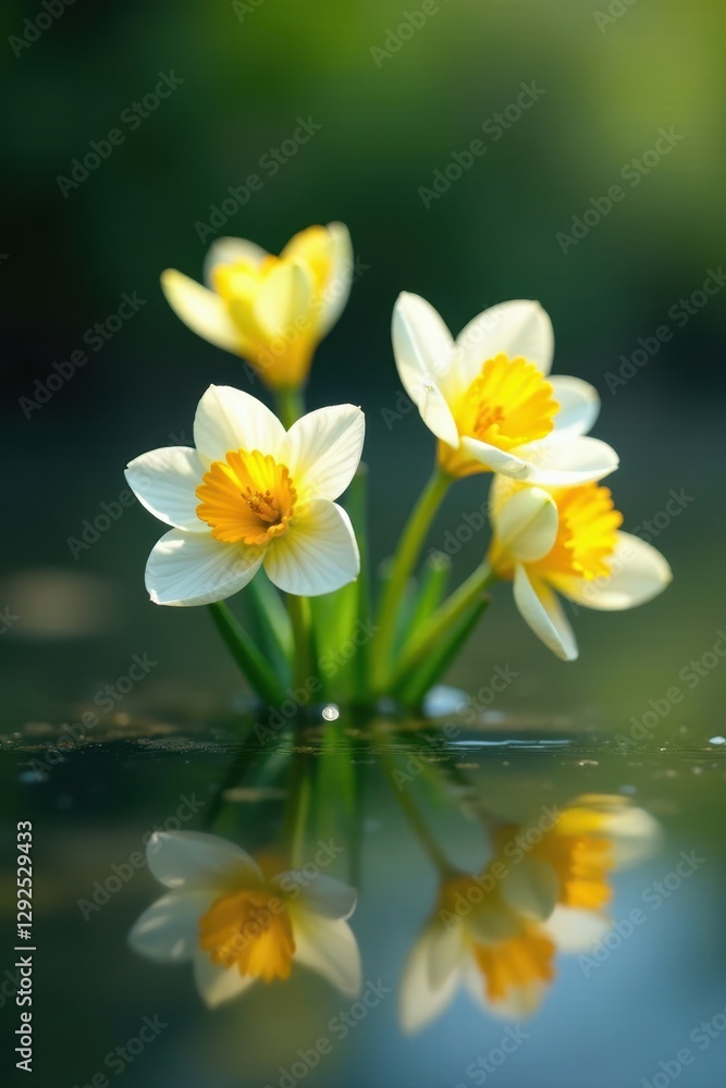 Vibrant yellow and white spring flowers on a still water surface , spring, white flowers Vibrant yellow and white spring flowers on a still water surface , spring, white flowers