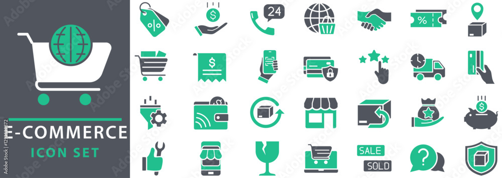 E-commerce icon set. Online shopping and delivery elements. E-business symbol. Set icons vector collection. E-commerce icon set. Online shopping and delivery elements. E-business symbol. Set icons vector collection.