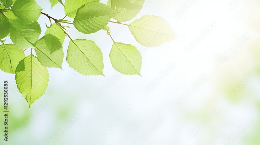 Bright Green Leaves on Branch Sunlight Background
