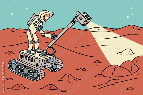 Exploration of a Martian landscape by an astronaut in a robotic rover using a sweeping tool for research purposes after landing on Mars