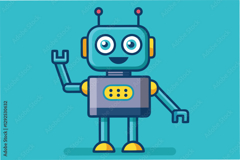 Friendly cartoon robot waving with a cheerful expression in a vibrant blue background, designed for children's education or entertainment Friendly cartoon robot waving with a cheerful expression in a vibrant blue background, designed for children's education or entertainment