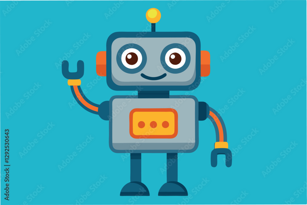 Friendly cartoon robot waving with a cheerful expression in a vibrant blue background, designed for children's education or entertainment