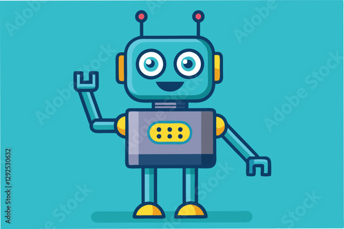 Friendly cartoon robot waving with a cheerful expression in a vibrant blue background, designed for children's education or entertainment