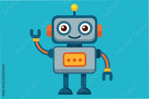 Friendly cartoon robot waving with a cheerful expression in a vibrant blue background, designed for children's education or entertainment