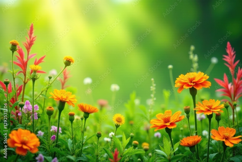 Vibrant Meadow of Sunlit Orange and Red Blossoms, Delightful Springtime Floral Scene in Lush Greenery Vibrant Meadow of Sunlit Orange and Red Blossoms, Delightful Springtime Floral Scene in Lush Greenery