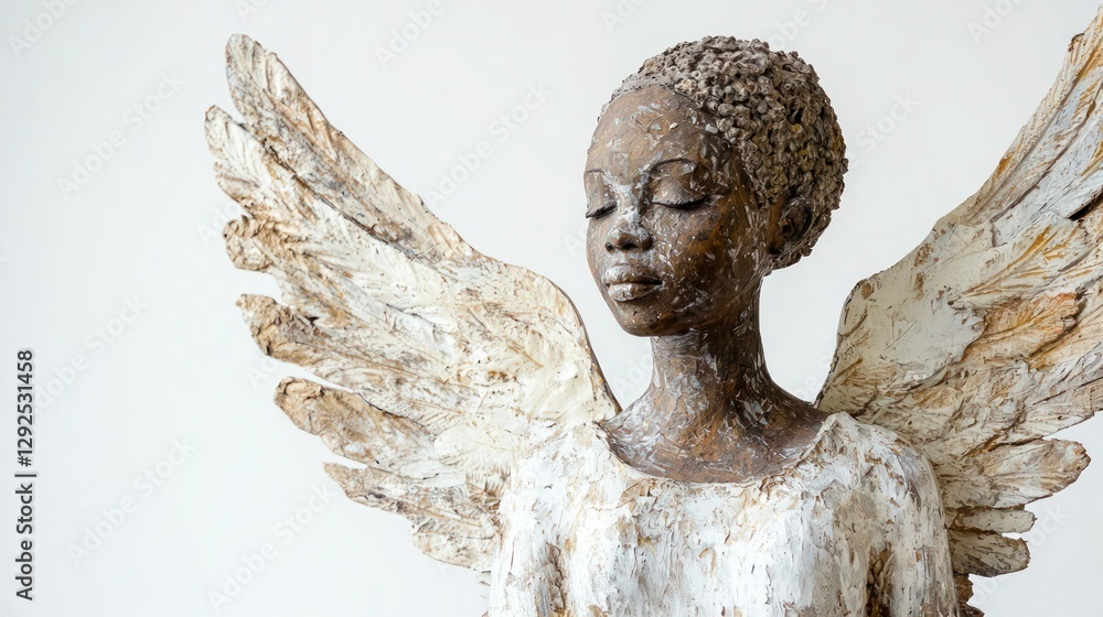 Obraz premium An angel from African traditional religions, with divine wings and a connection to nature, symbolizing spiritual guidance on a white background.
