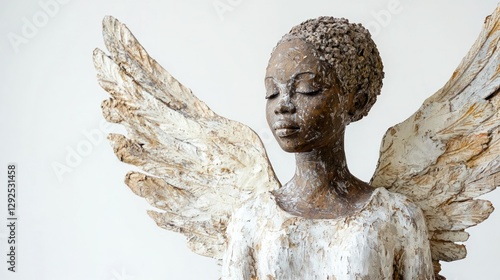 An angel from African traditional religions, with divine wings and a connection to nature, symbolizing spiritual guidance on a white background. photo