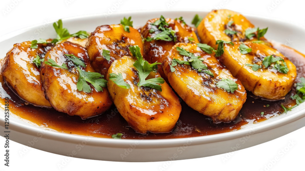 a delicious dish of grilled plantains drizzled with a rich sauce and garnished with fresh cilantro. served on a white platter the vibrant colors and appealing presentation highlight the dish's culinar