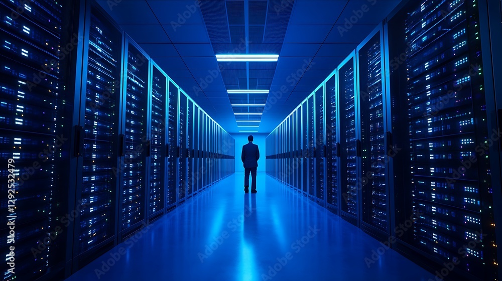 Technician server room data center night Technician server room data center night