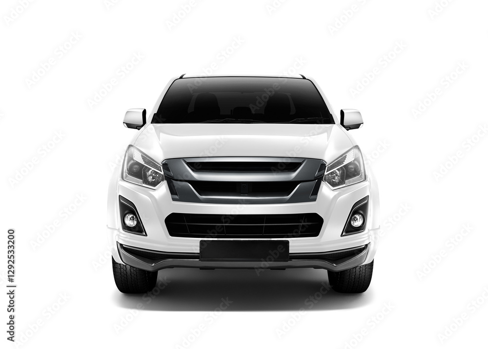 Front view of white colour pickup truck Isolated on white background. 3D rendering. Front view of white colour pickup truck Isolated on white background. 3D rendering.