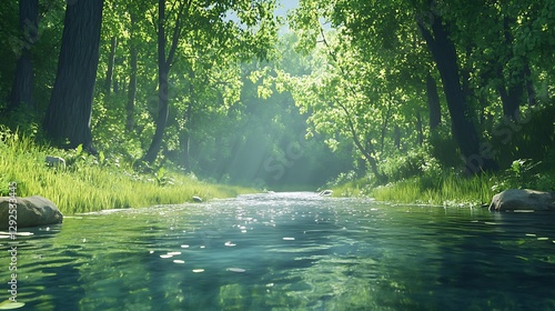 Sunlit Stream Winding Through a Lush Summer Forest: A 3D Render AI Generated