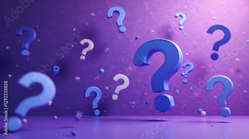 A plethora of enigmatic question marks float in a vibrant purple space, symbolizing curiosity, inquiry, and the pursuit of knowledge.