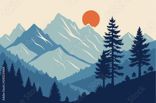 Majestic mountains at sunset with vibrant orange sun above the peaks and silhouettes of evergreen trees in the foreground