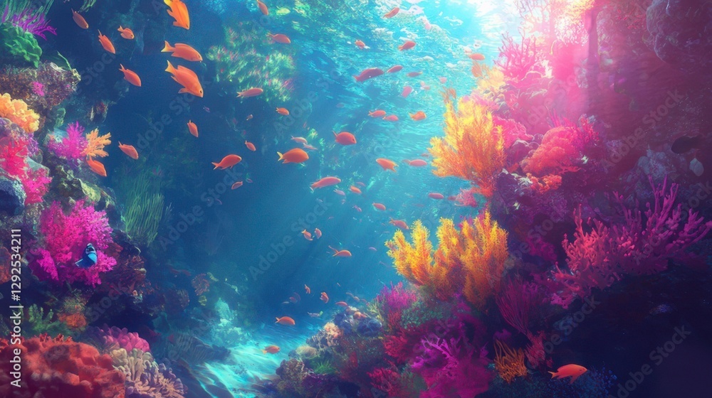 Naklejka premium A tropical fish tank filled with colorful fish, coral, and underwater decorations.