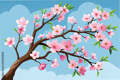 Beautiful cherry blossom branch with pink flowers against a clear blue sky during springtime