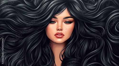 Wallpaper Mural Portrait of a woman with long, flowing, dark hair.  Detailed, digitally enhanced, beauty shot of a beautiful female face with glamorous makeup and voluminous, wavy hair. Torontodigital.ca