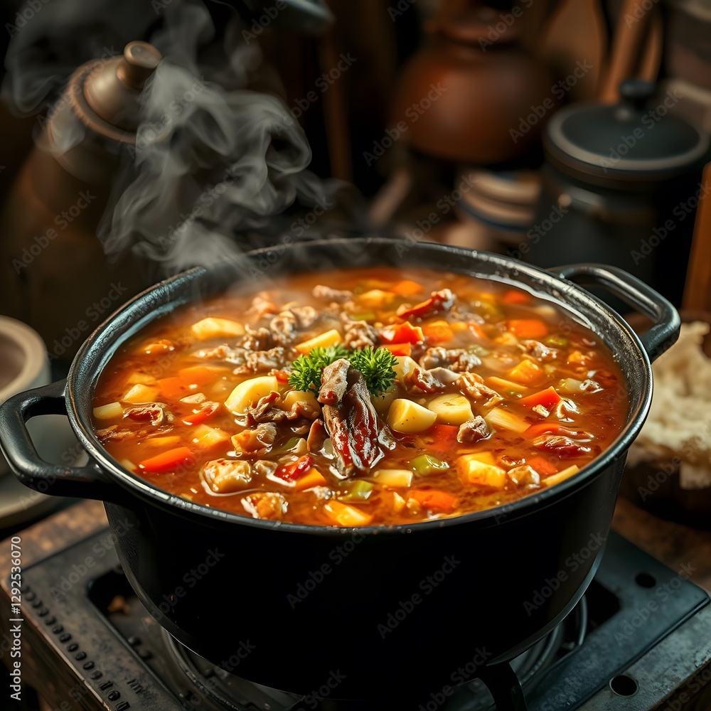 Hearty Soup Boiling in a Rustic Pot Filled with Meat and Vegetables in a Cozy Kitchen Hearty Soup Boiling in a Rustic Pot Filled with Meat and Vegetables in a Cozy Kitchen