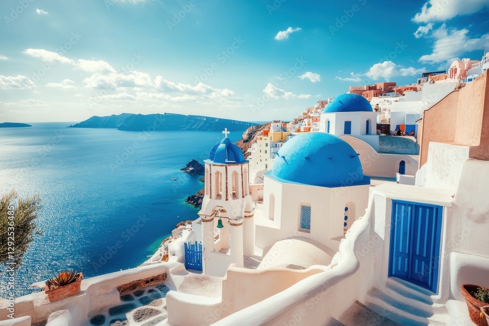 Obraz premium Scenic view of Santorini featuring blue domed churches and stunning coastline with clear skies. Generative AI