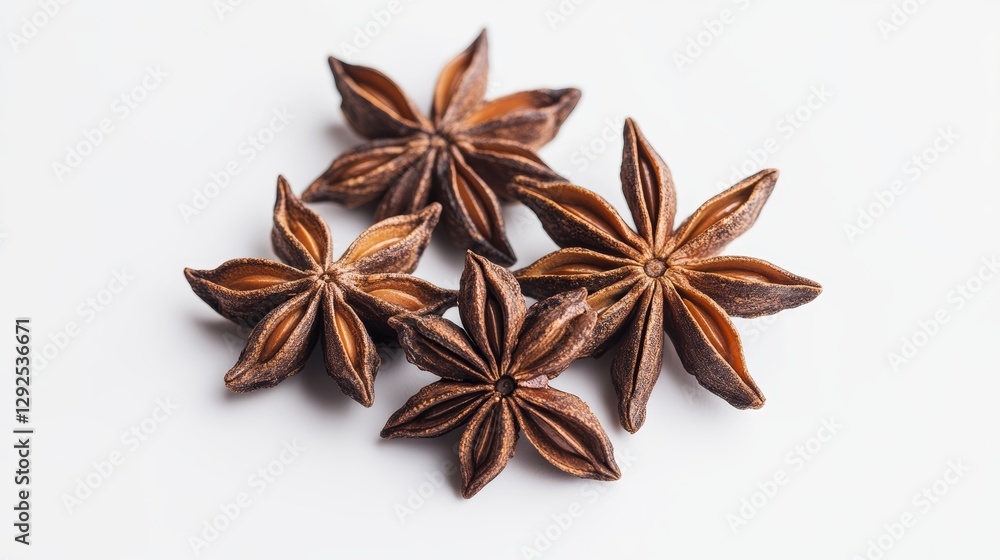 Star anise against a white background, kitchen spices for cooking. Star anise against a white background, kitchen spices for cooking.
